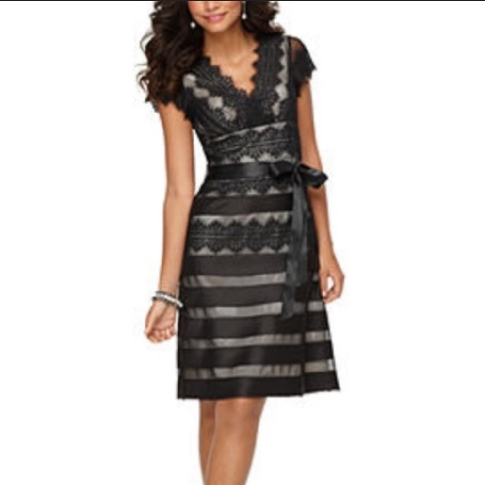JS Collections Black Lace and Satin Striped Midi Dress